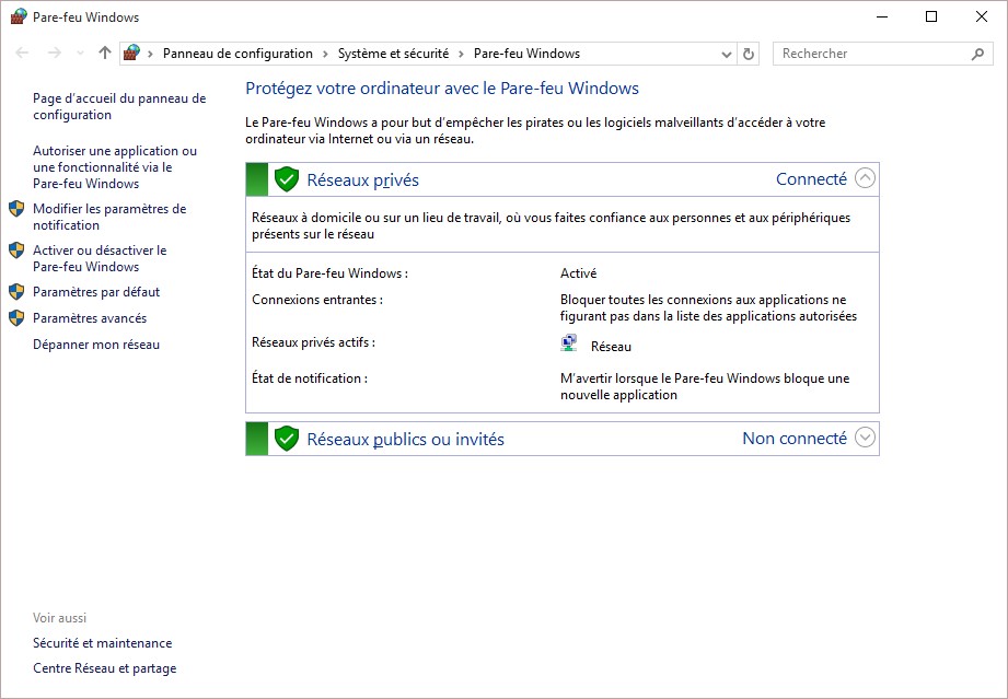 Paramètres réseau et firewall Windows